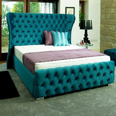 Chesterfield tirkīza zila dizainera gultas guļamistabas tekstila ādas apdare 180x200 cm.