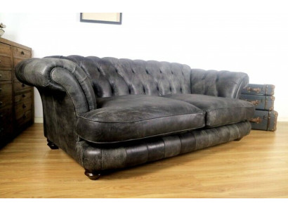 Chesterfield Big Xxl Sofa % Ādas melna 3-vietīga Vintage stils