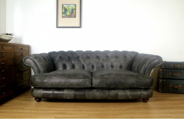 Chesterfield Big Xxl Sofa % Ādas melna 3-vietīga Vintage stils