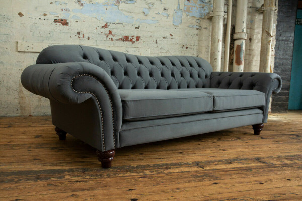Lielā gulta 4 sēdvietu dīvāns Chesterfield mēbeļu komplekts auduma tekstila jauns pelēks.