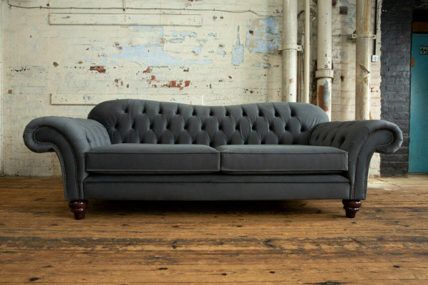 Lielā gulta 4 sēdvietu dīvāns Chesterfield mēbeļu komplekts auduma tekstila jauns pelēks.
