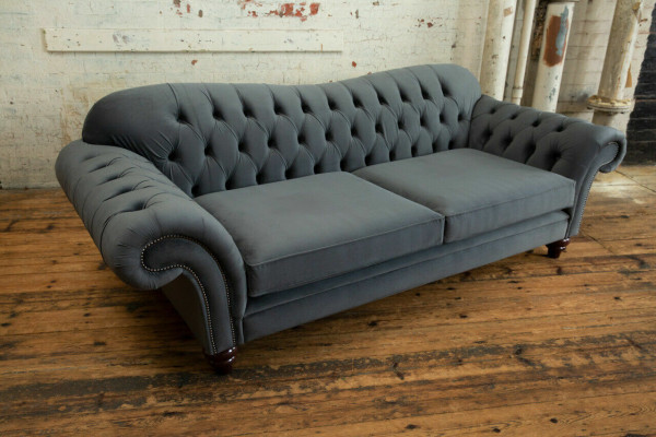 Lielā gulta 4 sēdvietu dīvāns Chesterfield mēbeļu komplekts auduma tekstila jauns pelēks.