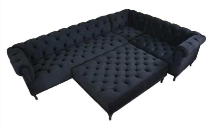 Polsterēts dīvāns Chesterfield dizaina stūra dīvāns + taburete stūra dīvāns