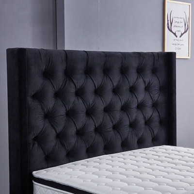 Moderns melns Chesterfield luksusa gultas objekts, divguļamās gultas teksts