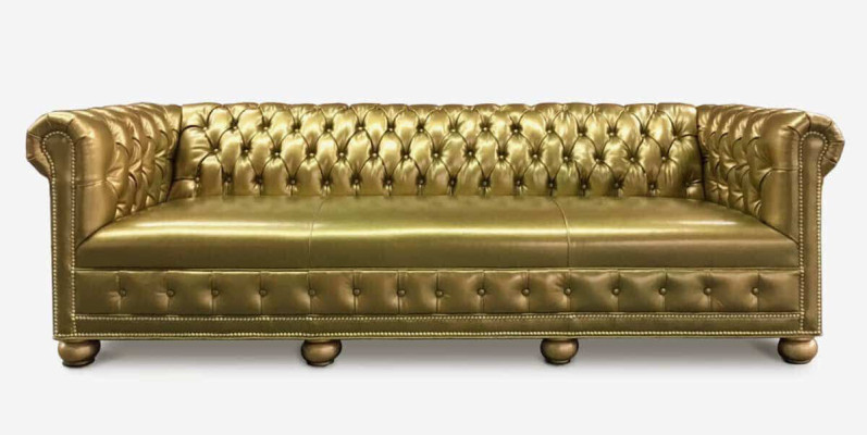 Chesterfield 3-sēdvietīgs dīvāns ar ādas pārklājumu, polsteris, auduma zelts sēdvieta, jauns.