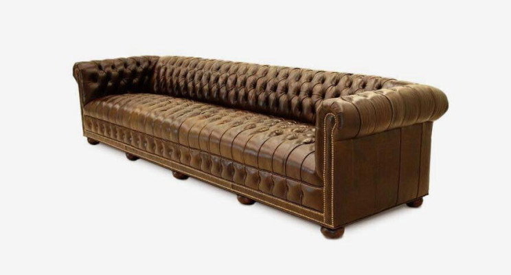 Chesterfield 3-sēdvietīgs dīvāns ar ādas pārklājumu, polsteris, auduma zelts sēdvieta, jauns.