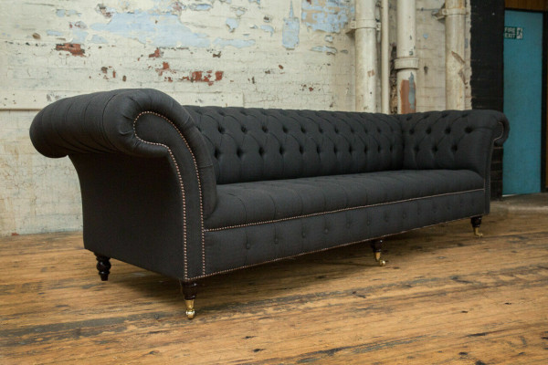 Melna Chesterfield auduma ādas dīvāns ar lielām sēdētspodrām xxl 265cm