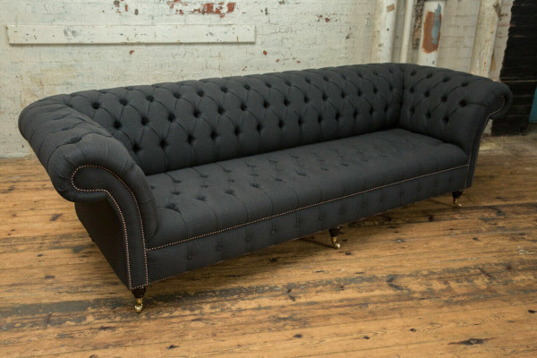 Melna Chesterfield auduma ādas dīvāns ar lielām sēdētspodrām xxl 265cm
