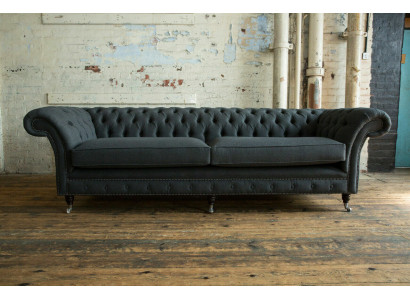 Oriģinālais Chesterfield tekstila ādas dīvāns ar lielu sēdvieta pelēka krāsā, 265 cm.