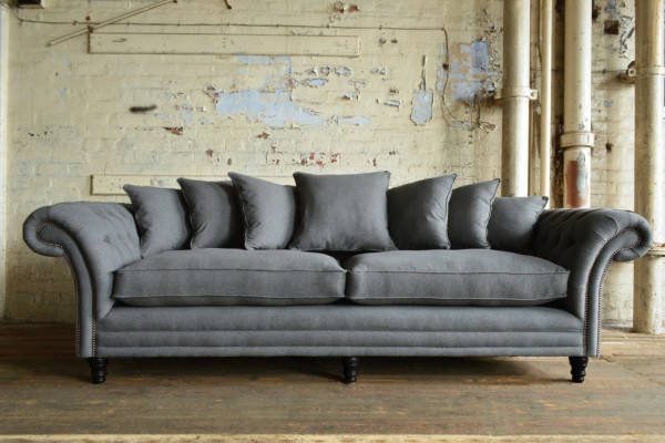 Klasiskais Chesterfield dīvāns 4-vietīga dīvāna dīvāns Samta ādas dizains pelēks 265 cm