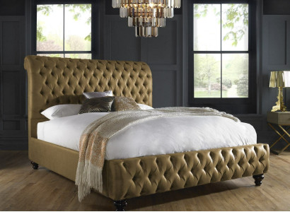 Zelta luksusa samta tekstils, Anglijas divvietīgs dizains "Chesterfield" 160x200 cm gultas.
