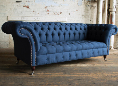 Zils auduma Chesterfield 4-vietīgs dizainera mīkstais dīvāns