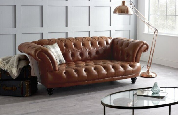 Brūna derīgo ādas "Chesterfield" dīvānā, polsterēta auduma dīvāns, komplekts 3-vietīgs, jauns
