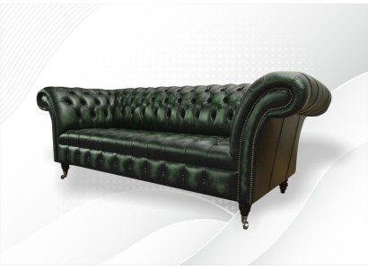 Trīsvietīgā dīvāna trīs sēdvietu Chesterfield jaunā antīkā zaļā polsterēta dīvāns.
