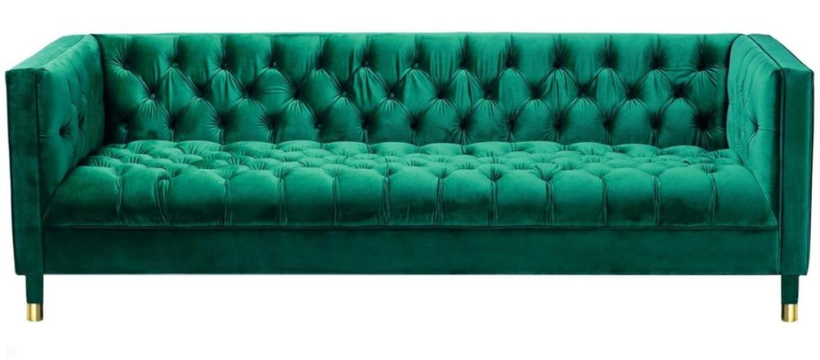 Zaļās trīsvietīgas auduma "Chesterfield" dizaina dīvāns ar polsteri, 230 cm platums.