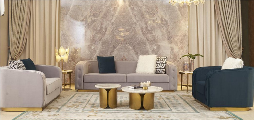 Sofas komplekts 3+2+1 Design Modernais relaksējošais mēbeļu komplekts ar saliekamiem dīvāniem un no auduma pārklātiem dīvāniem.