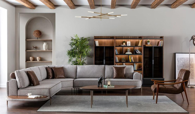 Stūra dīvāns auduma dīvāns L-formas dīvāns auduma dīvāns dīvāni pelēks moderns galds dzīvojamā telpa