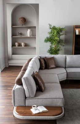 Stūra dīvāns auduma dīvāns L-formas dīvāns auduma dīvāns dīvāni pelēks moderns galds dzīvojamā telpa