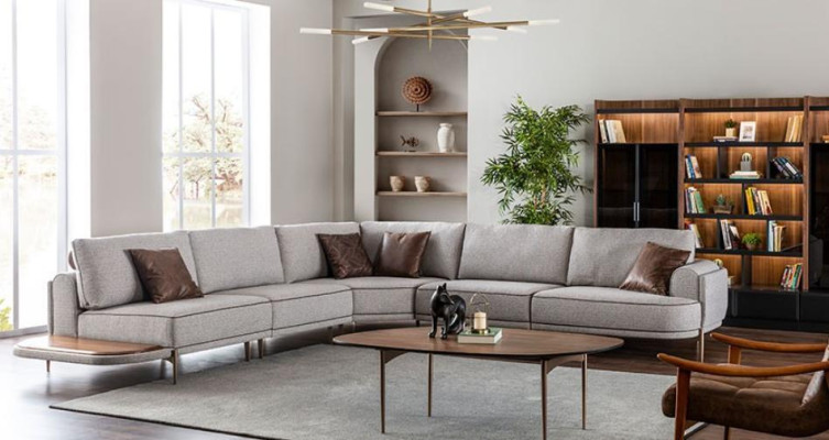 Stūra dīvāns auduma dīvāns L-formas dīvāns auduma dīvāns dīvāni pelēks moderns galds dzīvojamā telpa