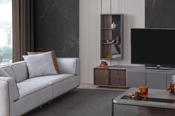 Dizainera dzīvojamās istabas komplekts 7 gabalu. Moderna dzīvojamās istabas sienas skapis.