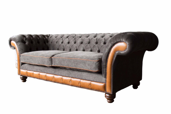 Chesterfield sofa 3 sēdvietas dizaina dīvāns polsterēts audums pelēks