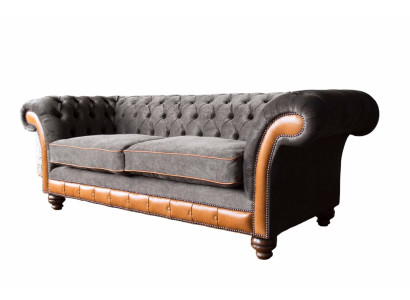 Chesterfield sofa 3 sēdvietas dizaina dīvāns polsterēts audums pelēks
