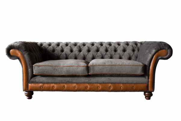 Chesterfield sofa 3 sēdvietas dizaina dīvāns polsterēts audums pelēks