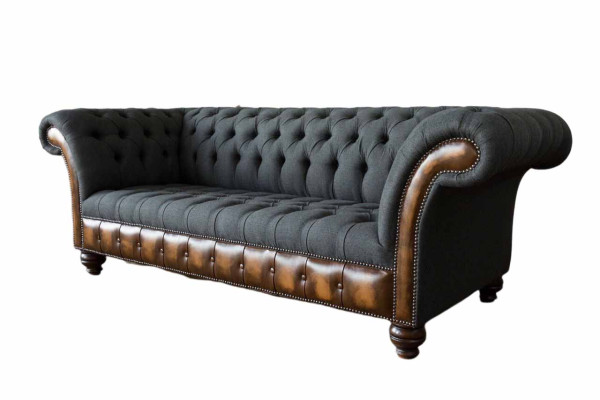 Dizainas Melna sofa 3-vietīga Chesterfield auduma dīvāns Dīvāns Polster New