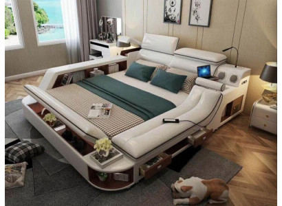 Gulta Viesnīca 180x200cm Multifunkcionālais Plaukts USB dizaina Gulta xxl Lielais Ādas