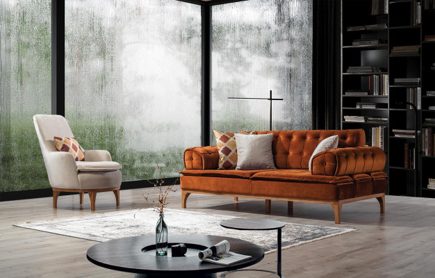 Sofa komplekts Divi sofi Dīvāns Krēsls Trīsvietīgs 3+1 Sēdekļa Oranžs