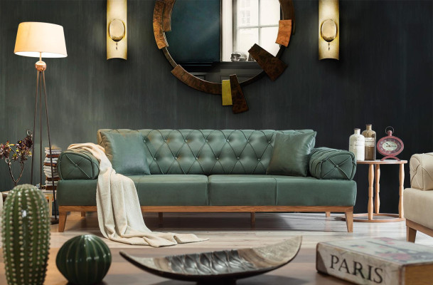 Chesterfield dīvāns ar 3 sēdvietām, zaļš, jauna auduma un koka, 220 cm plats.