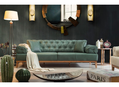 Chesterfield dīvāns ar 3 sēdvietām, zaļš, jauna auduma un koka, 220 cm plats.