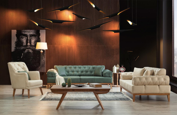 Chesterfield dīvāns ar 3 sēdvietām, zaļš, jauna auduma un koka, 220 cm plats.