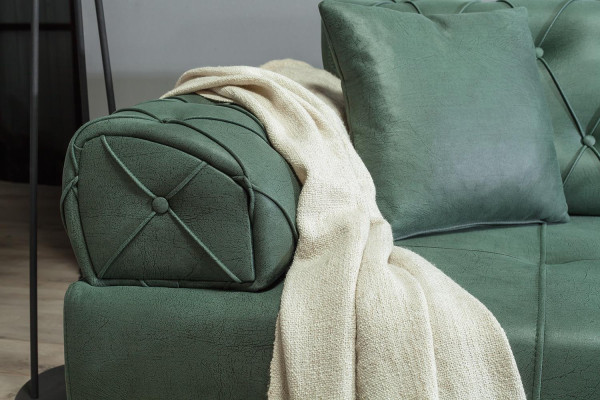 Chesterfield dīvāns ar 3 sēdvietām, zaļš, jauna auduma un koka, 220 cm plats.