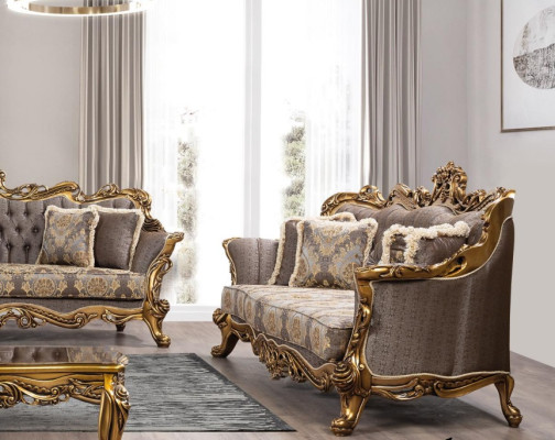 Sofas komplekts 3+1+1 sēdvietas luksusa komplektā ar stila baroka dzelzs sesijām pelēkā krāsā.