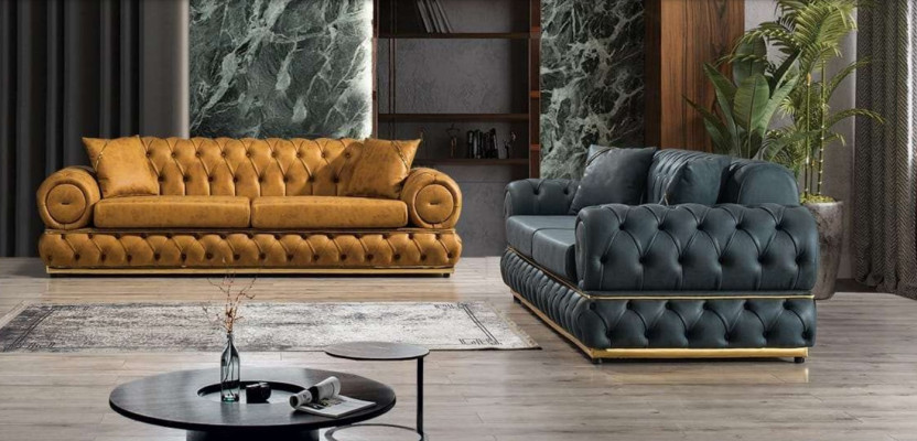 Garnituras Luxus Chesterfield Dīvāngarnitūra 3+3 Sēdvietu dīvāns Krēsls Dīvāni Ādas 2 gab.