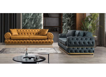 Garnituras Luxus Chesterfield Dīvāngarnitūra 3+3 Sēdvietu dīvāns Krēsls Dīvāni Ādas 2 gab.