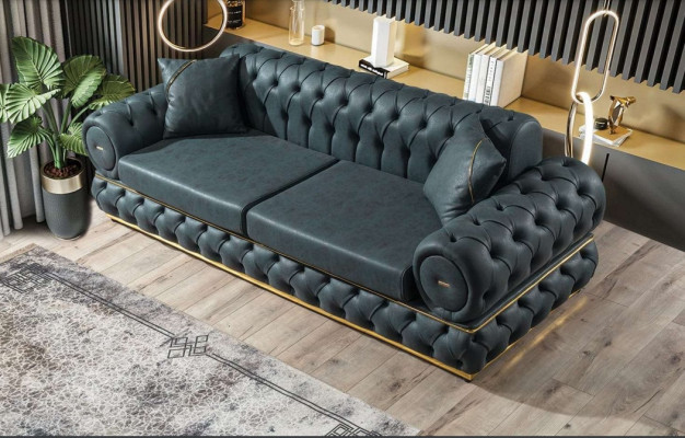 Dīvāns 3 Sēdvietas "Chesterfield" Paklāju Dīvāni Trīs Sēdvietas Ādas Dzīvojamā Istaba Zila Mēbeles