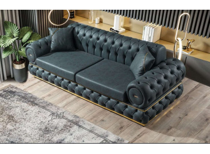 Dīvāns 3 Sēdvietas "Chesterfield" Paklāju Dīvāni Trīs Sēdvietas Ādas Dzīvojamā Istaba Zila Mēbeles