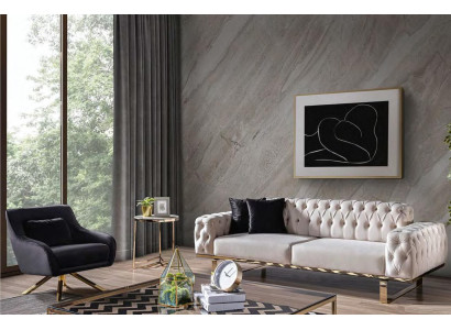 Moderns melns balts Chesterfield dīvāngarnitūra no nerūsējoša tērauda mēbeļu elegants stils 3+1