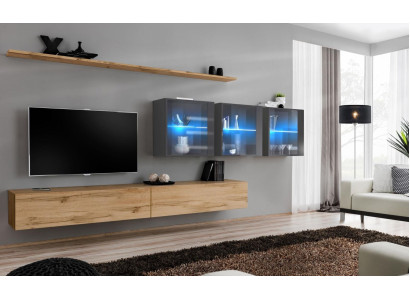 Kompleta 7 gabalu dzīvojamās sienas vienība 340cm TV statīvs Sidebords Sienas skapis Luksusa iekārta