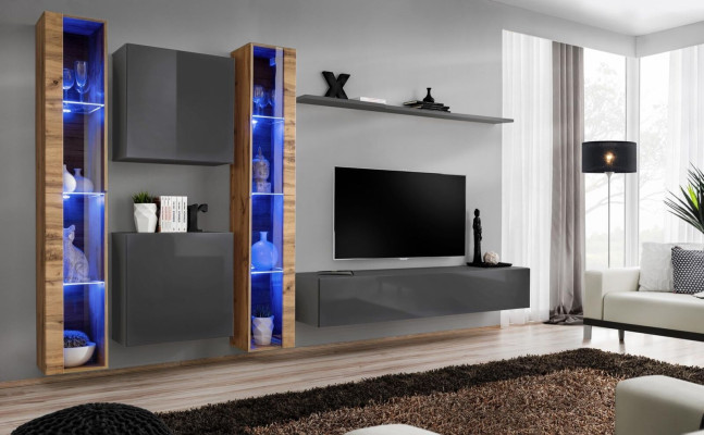 Luksusa komplektēta 6 gabalu dzīvojamās sienas griestu komplekts pelēks TV statīvs Sienas skapis Sideboard Moderns