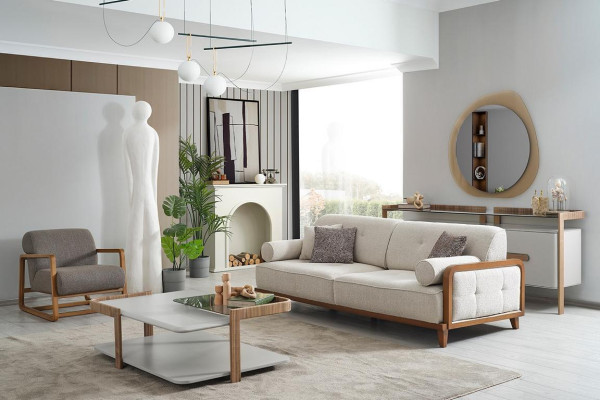 Noble White-Grey Sofa Set Three-seater Designer Armchair Wooden Coffee Table