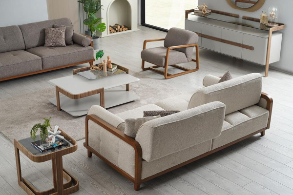Noble White-Grey Sofa Set Three-seater Designer Armchair Wooden Coffee Table