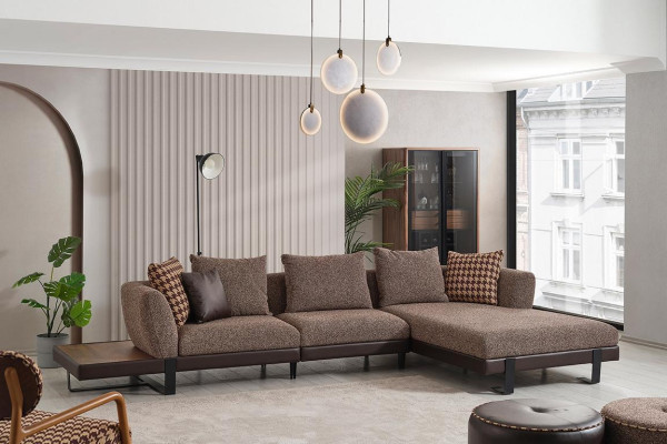 Brūns tekstils Sofa Dizainera stūra galds L-formas dzīvojamā istaba Dīvāns Dārgi mēbeles