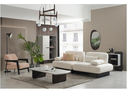 Elegants dzīvojamā istaba komplekts Balta mīksta sofa Auduma krēsls Salas galds