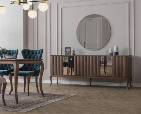 Brūnbalta ēdamistabas mēbeļu Chesterfield dizainera krēsls ar luksusa ēdamgaldiem.
