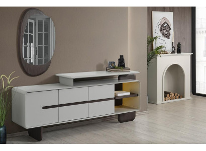 Baltais sānu skapis Izcils spogulis Dizainera ēdamgalds Elegantais 2 gabalu komplekts