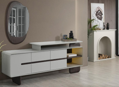 Baltais sānu skapis Izcils spogulis Dizainera ēdamgalds Elegantais 2 gabalu komplekts