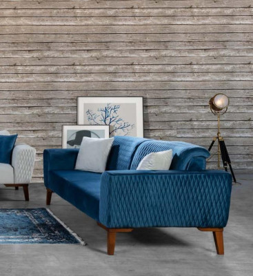 Zils dīvāns ar trim sēdvietām, elegantā mīkstā mēbeles dzīvojamajā istabā, audekls